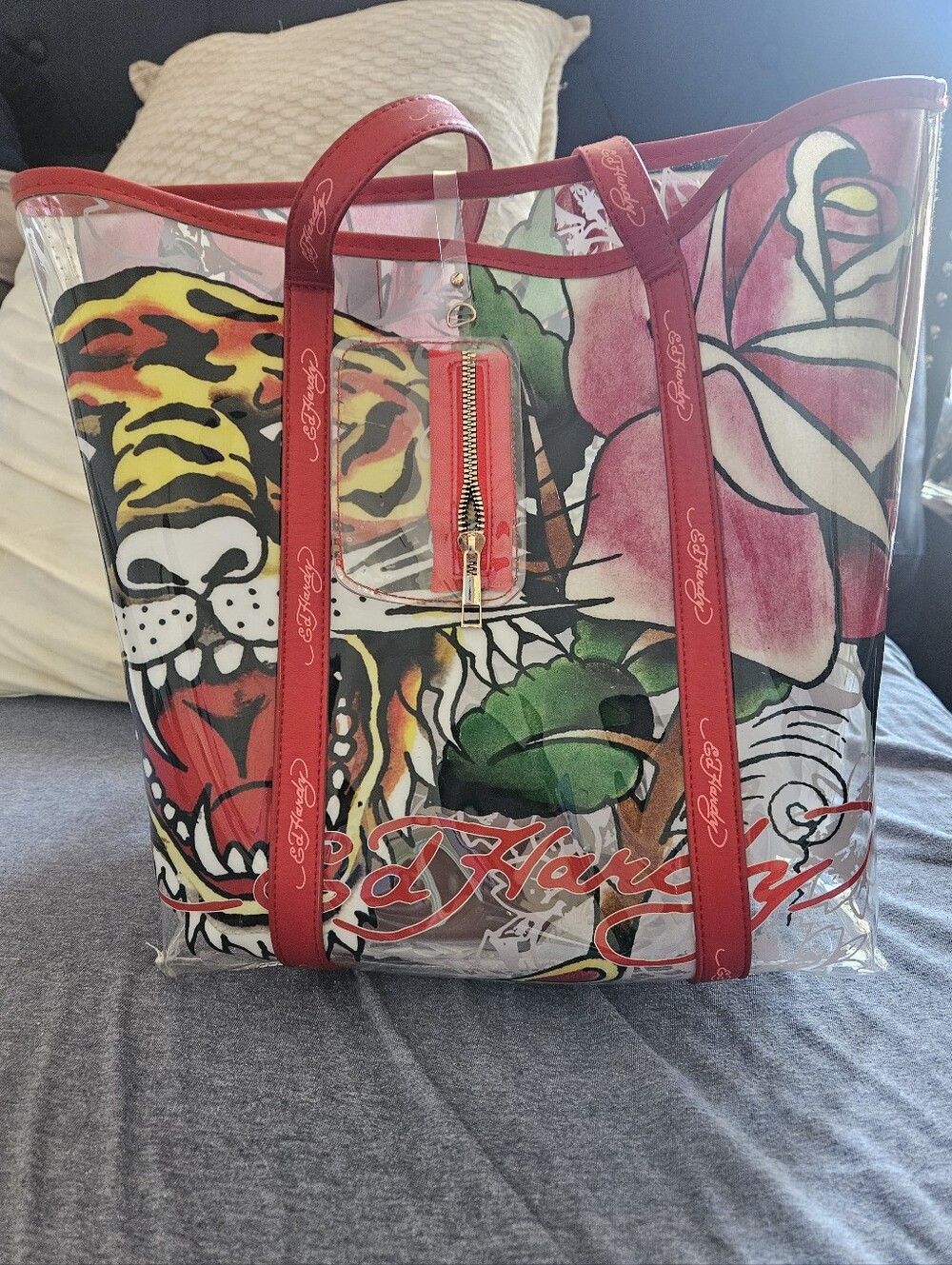 Signature Ed Hardy Clear Tote with Red Trim and Tiger Floral Insert